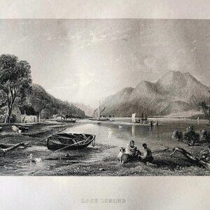 1844 Lock Lomond Canoes Ships Boats Engraving Victorian Scotland Dogs DWSS20